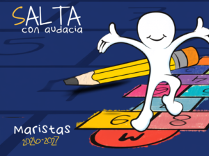 Portada del lema Marista 2026-2027 "Salta con audacia", con una figura ilustrada saltando sobre una rayuela de colores y un lápiz sobre fondo azul.