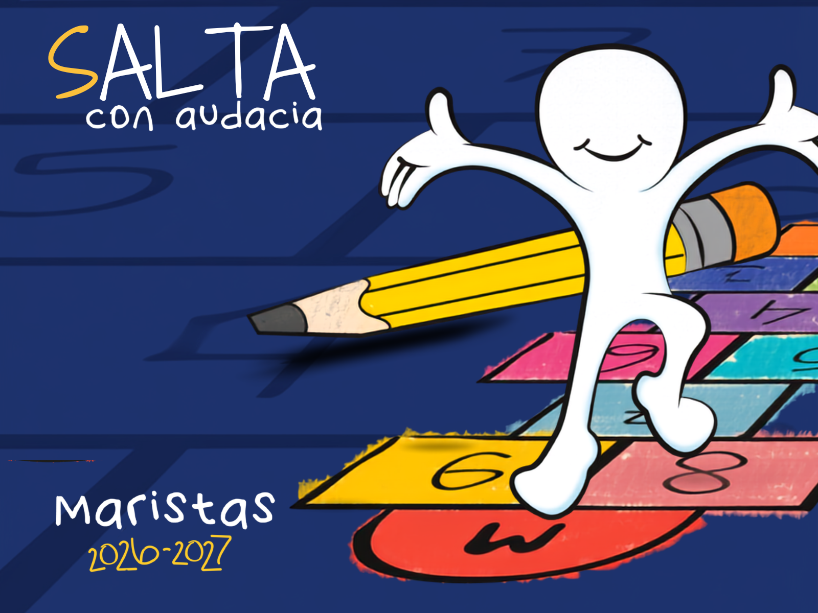 Portada del lema Marista 2026-2027 "Salta con audacia", con una figura ilustrada saltando sobre una rayuela de colores y un lápiz sobre fondo azul.